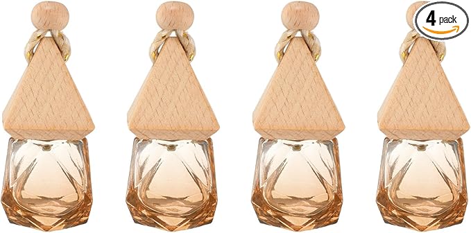 uxcell 4pcs Hanging Car Air Freshener Perfume Bottle, 8ml Pendant Empty Clear/Brown Glass Essential Oil Aromatherapy Diffuser with Wooden Cap for Car Decor (Clear/Brown, Rhombus)