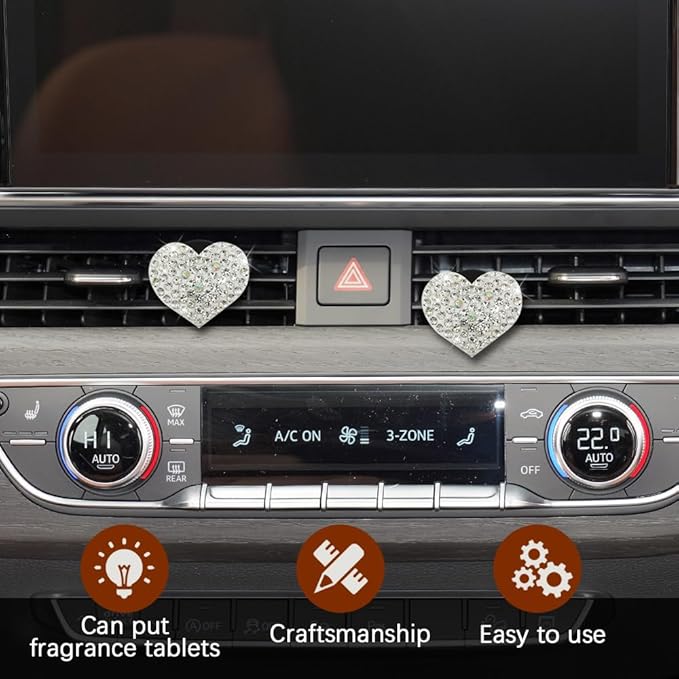 2PCS Heart-Shaped Car Vent Clip with Rhinestone, Car Vent Accessory, Bling Heart Charm Air Conditioning Outlet Clip, Auto Diffuser Air Freshener Charm for Women Girls (White, Heart)