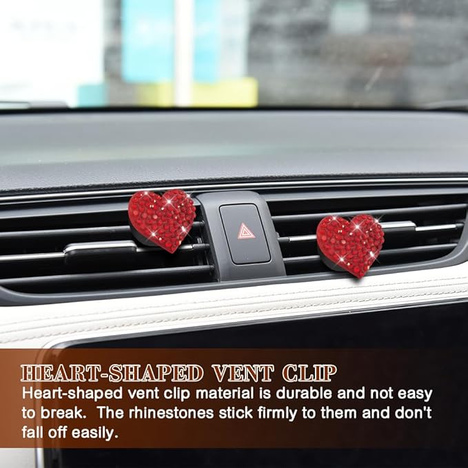 2PCS Heart-Shaped Car Vent Clip with Rhinestone, Car Vent Accessory, Bling Heart Charm Air Conditioning Outlet Clip, Auto Diffuser Air Freshener Charm for Women Girls (Red, Heart)