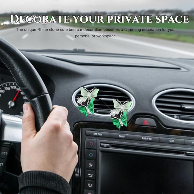 2PCS Car Air Vent Clips, Dual Butterfly Diamond Car Air Conditioner Outlet Vent Clip, Cute Car Diffuser Perfume Clip, Car Air Freshener Decor Accessories for Women Girl (Green, Style 1)