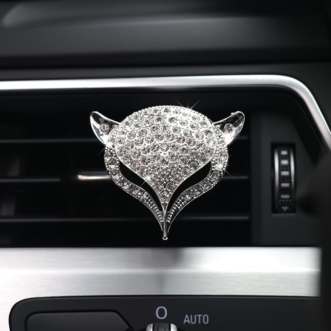 HungMieh 1PCS Bling Car Accessories for Women, Rhinestone Car Décor Interior, Car Charm Air Vent Clip with Pads for Fragrance (Fox Silver)