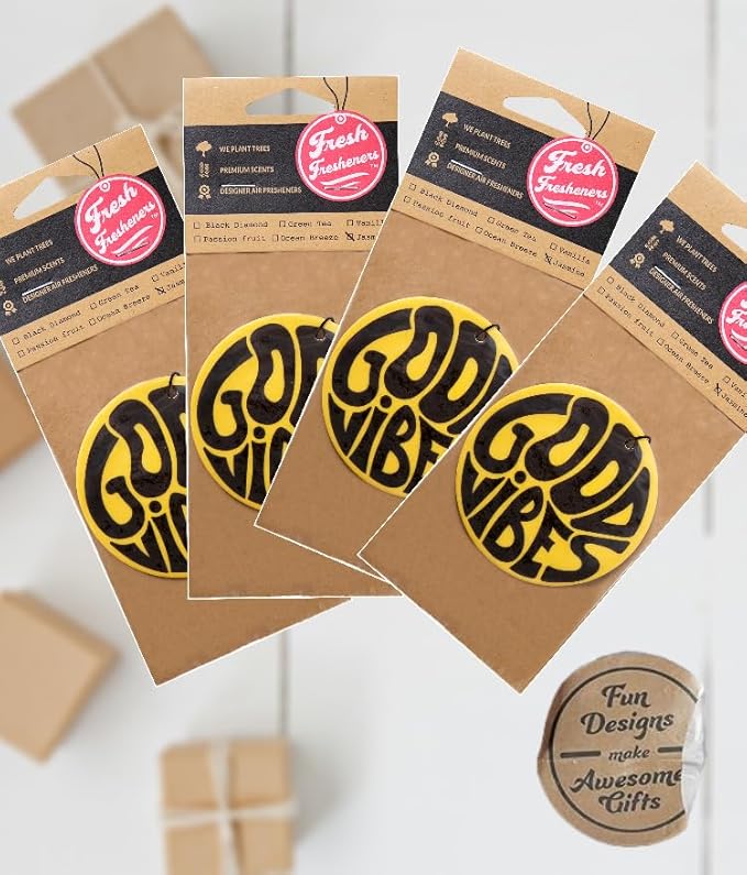 Cute and Funny Fresh Fresheners 4 Pack Car Air Fresheners Scented with Premium Oils (Good Vibes)