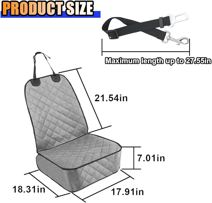 Dog Car Front Seat Cover with Side Flaps, Waterproof & Scratch Proof Car Seat Protector for Dog, Nonslip Pet Car Seat Pad with Safety Belt, Fit for Most Cars SUVs Trucks Jeeps (Grey)