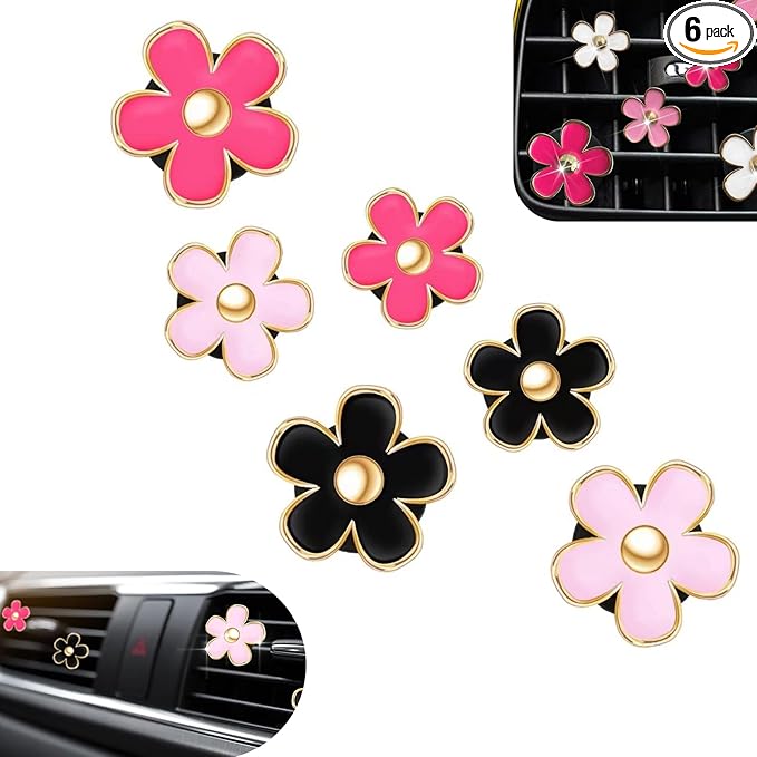 6PCS Car Air Vent Clips, Colorful Daisy Flower Auto Air Conditioning Outlet Clip, Cute Car Clip Interior Air Vent Decoration, Universal Girly Cars Interior Accessory for Women(Red Pink Black)