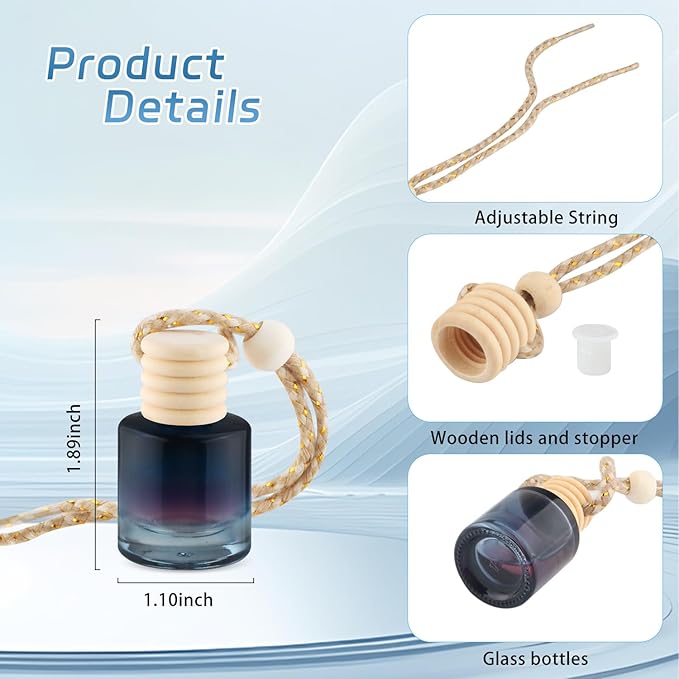 24 Pcs Black Car Hanging Air Fresheners Empty Glass Diffuser Bottles Pendant Perfume Bottle For Essential Oil Fragrance Aromatherapy Auto Interior Ornaments Decor (Cylinder-Gradient Black)