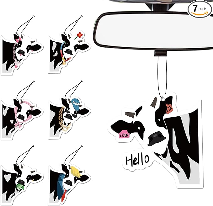 7 Pcs Cow Print Car Air Fresheners for Women – Cute Hanging Car Accessories for Rear View Mirror, Car Interior Decorations with Assorted Scents, Long-Lasting Automotive Accessories for SUVs, Trucks