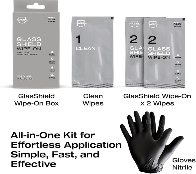 Nasiol GlasShield Wipe-On Nano Rain Repellent Wipe Kit, Ceramic Coating for Windshield, Quick & Easy Application, Easy to Clean, Car Rain-Repellant, Durable Lasts for 15,000 Miles