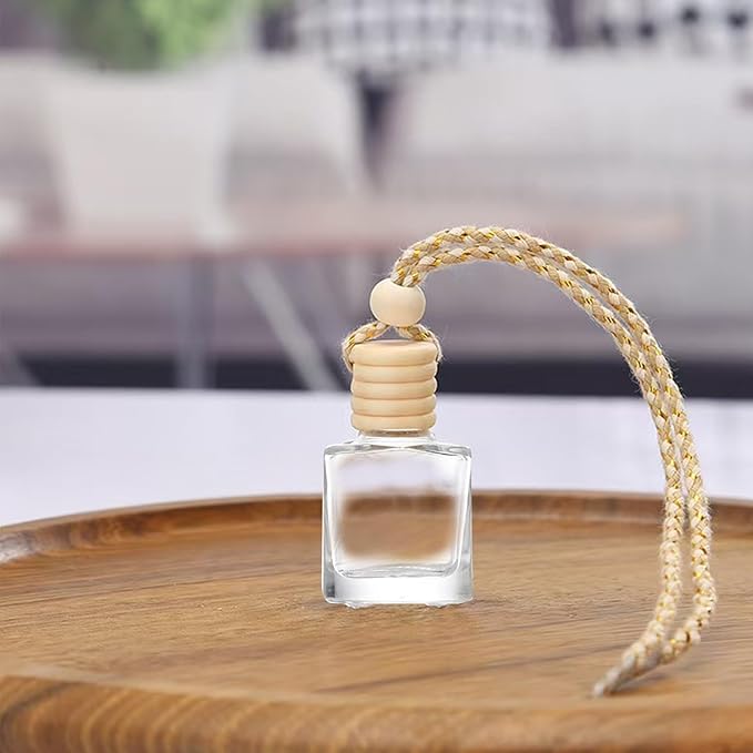 5PCS Car Air Freshener, Hanging Air Freshener Diffuser, Empty Glass Perfume Bottle, Diffuser Oil Aromatherapy Fragrance Perfume Vials with Wooden Caps and Hanging String