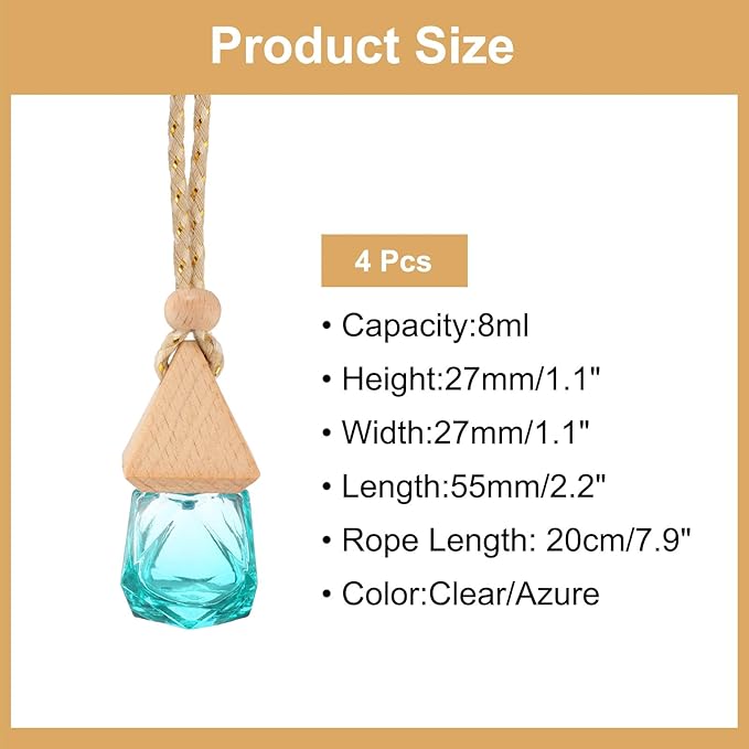 uxcell 4pcs Hanging Car Air Freshener Perfume Bottle, 8ml Pendant Empty Clear/Azure Glass Essential Oil Aromatherapy Diffuser with Wooden Cap for Car Decor (Clear/Azure, Rhombus)