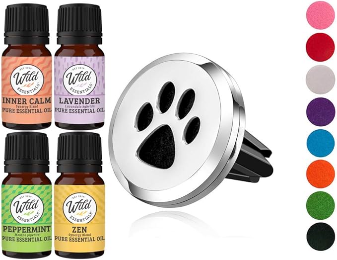 Wild Essentials Dog Paw Essential Oil Car Vent Diffuser Kit With Lavender, Lemongrass, Peppermint, Orange Oils, Stainless Steel Locket Pendant, 8 Refill Pads, Customizable Color Changing Air Freshener