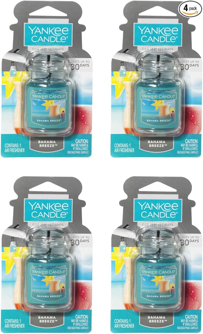 Yankee Candle Car Jar Ultimate, Bahama Breeze Pineapple & Mango Scent, Hanging Odor Neutralizing Air Freshener for Vehicles and Small Spaces, Long Lasting Fragrance, 0.96 Ounce (Pack of 4)