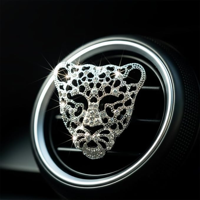 Bling Rhinestone Leopard Head Car Air Freshener Vent Clip, Sparkly Cheetah Print Auto Decoration, Refillable Essential Oil Diffuser, Cute Car Accessories for Women