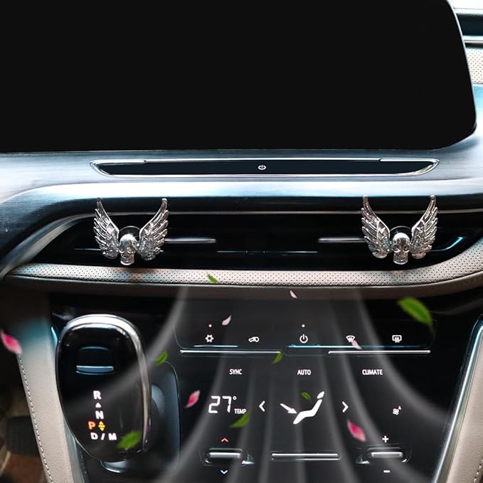 Goth Car Accessories,2pcs Bling Angel Wings Skull Car Air Fresheners Vent Clips,Silver Spooky Skeleton Decor for Teens,Horror Dashboard Decorations,Refillable Diffusers