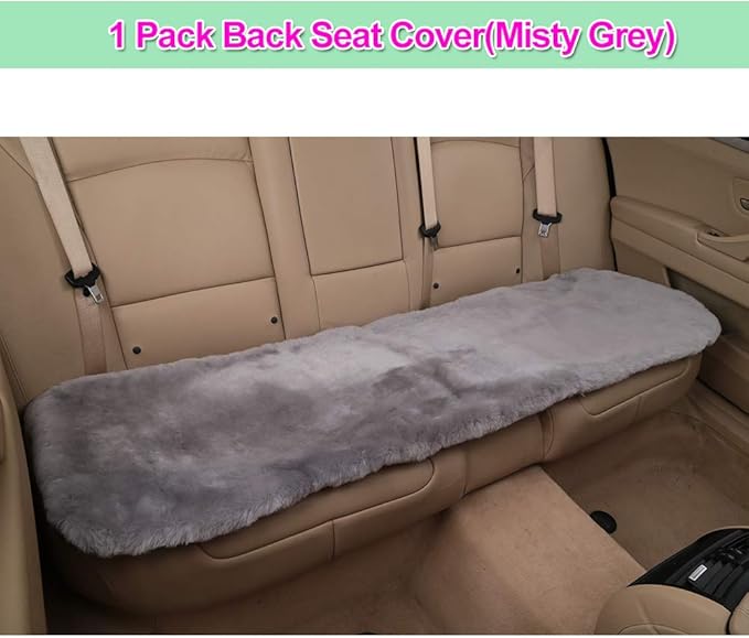 OGLAND Fluffy Genuine Sheepskin Car Back Seat Cover for Auto Fuzzy Interior Accessories with Soft Wool Eco-Friendly Natural Fur Non-Slip (Misty Gray, Back)