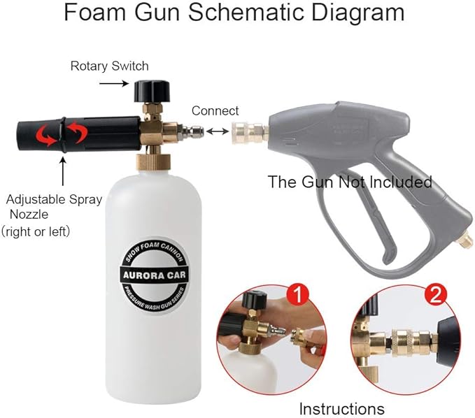 Foam Cannon with 1/4 Inch Quick Connector, 1 L Bottle Snow Foam Lance with 5 Pressure Washer Nozzle Tips, 3000PSI