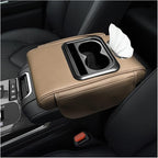 Car Center Console Armrest Pillow, Multifunctional Armrest Box Cover with Cup Phone Tissue Holder & Side Pockets, Waterproof Leather Middle Console Cushion for Most Vehicles (Beige, Normal)