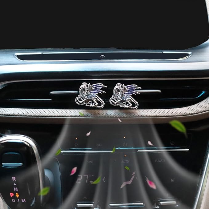 Bling Dragon Car Decor,2pcs Silver Blue Vintage Dragon Car Air Freshener Vent Clips,Refillable Diffuser