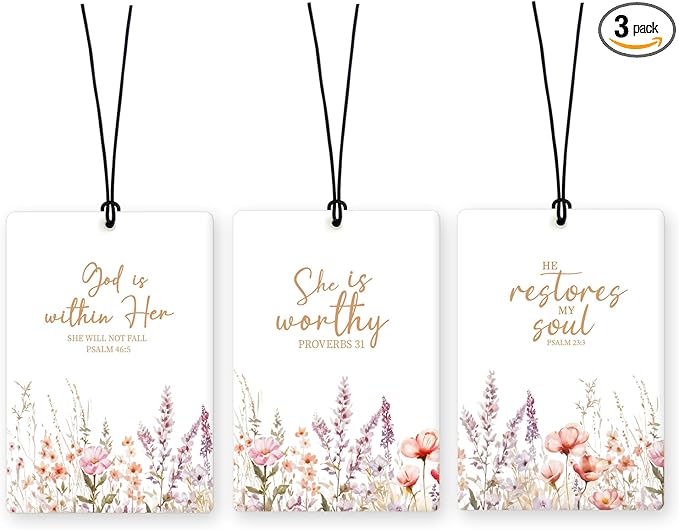 Lacama Pink Christian Car Air Freshener 3Pcs, Floral Wildflower Christian Bible Verse Hanging Air Freshener for Cars Closet Drawer Books, Cute Religious Car Accessories Mirror Decor for Women