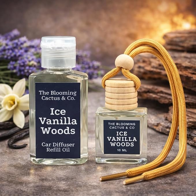 Car Air Freshener with 1 Oz Refill included | Car scented on the go | Car Air Freshener | Long Lasting Hanging Fragrance | Phthalate Free Fragrance. (Iced Vanilla Woods, 10 ml)