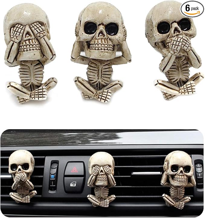 Car Air Freshener Vent Clips 3-Pack Beige Resin Skull Design Aromatherapy Diffuser