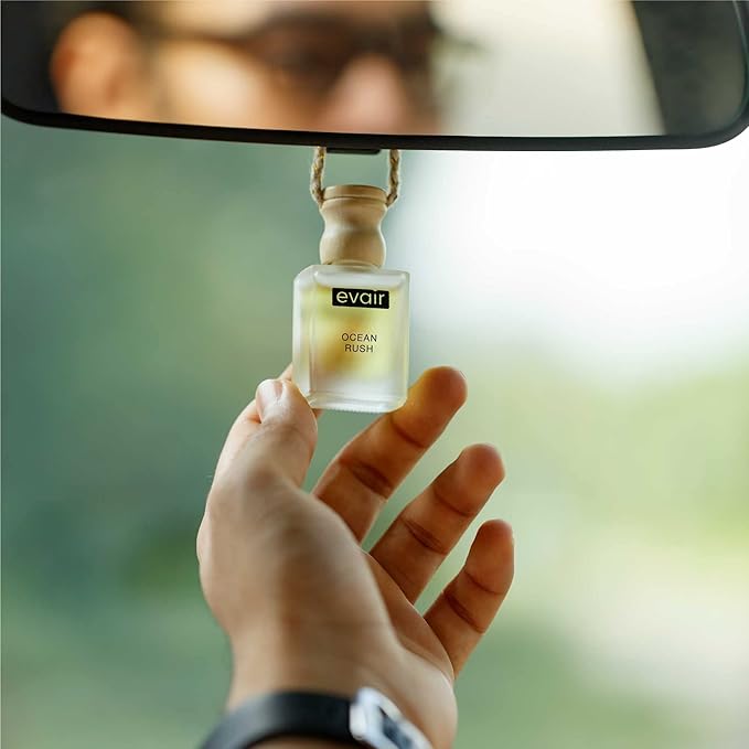 Evair Combo Pack of Car Air Freshener with Essential Oils Fragrances Black Amber, Ocean Rush & English Rose in Glass Bottle with Wooden Diffuser Lid | Each 10 ml- Pack of 3