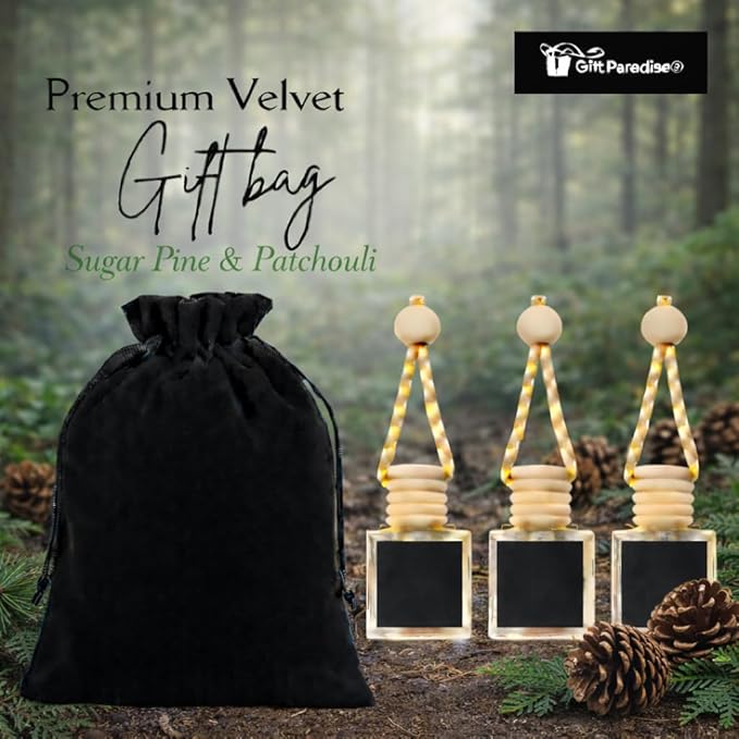 Gift Paradise® Sugar Pine & Patchouli Hanging Car Air Freshener Set of 3 (10 ml Each) – Long-Lasting Woodsy & Earthy Fragrance for Car, Home & Office | Velvet Gift Bag Included | Holiday Gift Set