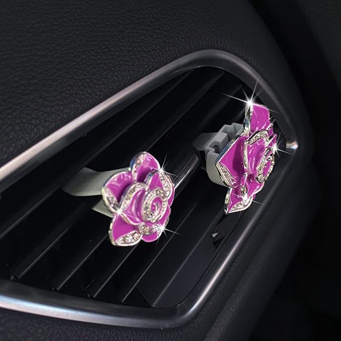 2 Pcs Camellia Air Vent Clips, Cute Flower Car Air Freshener Clip, Bling SUV Outlet Decorations, Crystal Rose Vent Diffuser, Charm Car Inter Decor Accessories for Women Girls