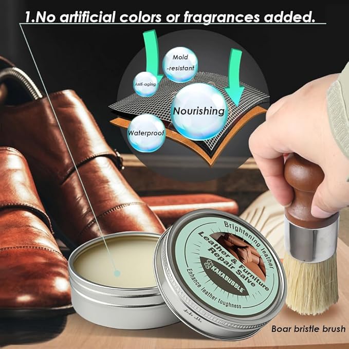Furniture Salve for Leather & Wood with Boar Bristle Brush, All-in-One Leather Conditioner, Wood Polish & Multi-Surface Restorer for Furniture, Upholstery & Car Vinyl (2)