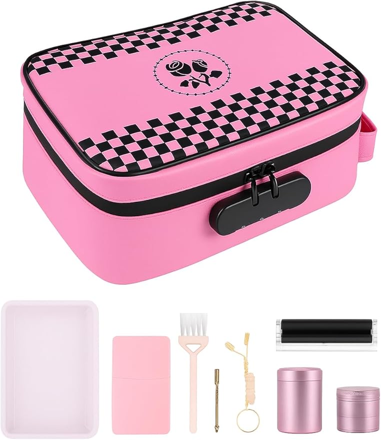 ANZOME Large Smell Proof Storage Bag, Lockable Travel Organizer Case with 3-Digit Combination Lock, Activated Charcoal Odor Control, Waterproof Zipper Pouch with 7 Accessories, Pink