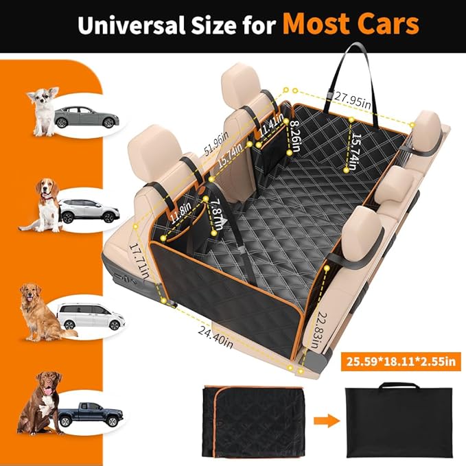 KYG Back Seat Extender for Dogs, Hard Bottom Dog Car Seat Cover for Back Seat Waterproof with Mesh Window and Storage Pocket, Dog Hammock for Cars & SUVs