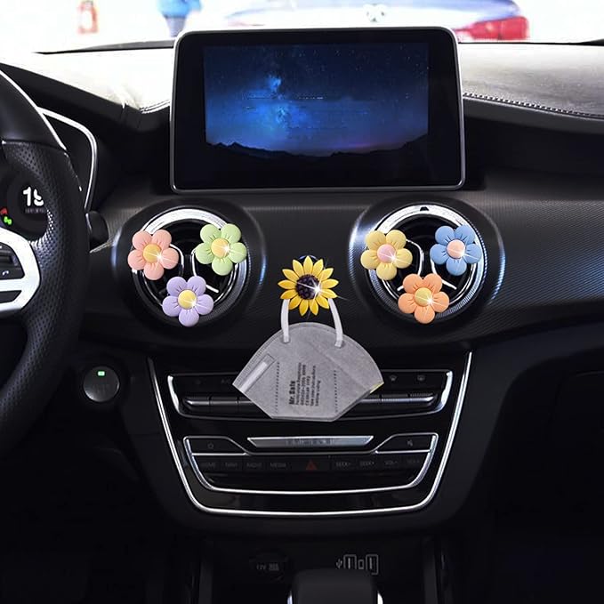 Cute Daisy Air Vent Clips, 6 Pcs Flower Air Fresheners Vent Clips Diffuser Vent Clip Charm Car Decoration for Women Cute Car Interior Decor Accessories +Sunflower Mask Hook