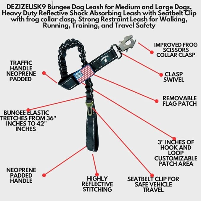 Heavy Duty Bungee Dog Leash - Shock Absorbing, Seat Belt Clip, Quick Release Frog Clasp, Double Padded Handles, for Large and Medium Dogs, Durable for Training, Walking, Car Safety, Outdoor Adventure