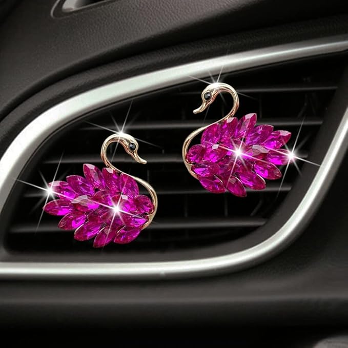 Katutude 2 Pcs Crystal Swan Car Air Vent Clips with Fragrance Tablets, Car Diffuser Air Freshener Vent Clips Air Conditioner Outlet Clip Charm Bling Car Interior Decoration, Rose
