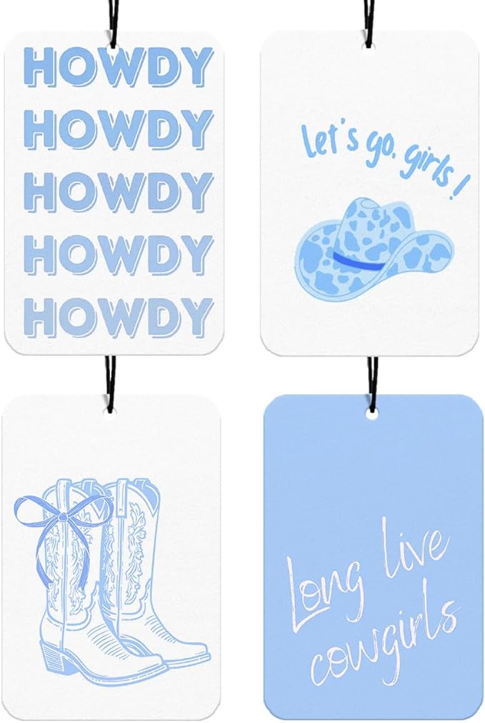 Blue Bows Western Car Air Freshener 4Pcs, Let's Go Girls Cowgirls Western Car Accessories Hanging, Trendy Blue Cars Scents Mirror Decor Retro Cowgirls Boots Cute Air Freshies for Women Teens(Vanilla)