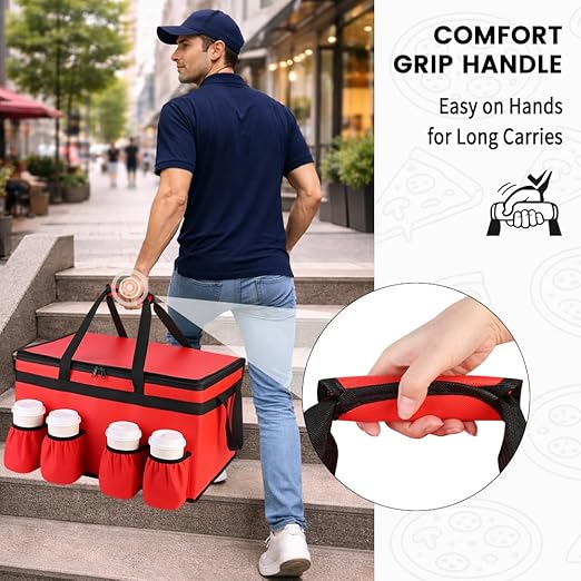 CIVJET Insulated Food Delivery Bag with 4 Cup Holder and Bottom Support, XX-Large Insulated Grocery Bags Keep Food Hot/Cold, Cooler Bags with Drink Carrier, Food Carrier Catering Bag for Events, Red