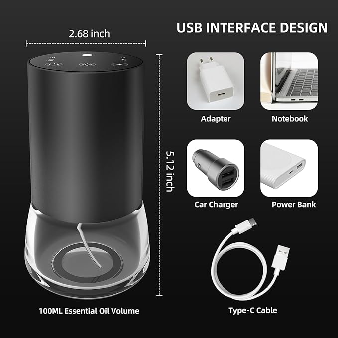 Waterless Essential Oil Diffuser 100ML Large Capacity Battery Operated Cordless Aromatherapy Diffuser with Timing & 3 Mist Levels car Diffuser 7 Colour Led Lights (Black-Set)