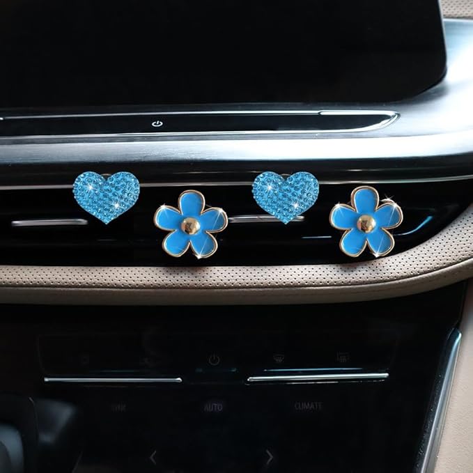 4PCS Car Air Vent Clips with Fragrance Pads, Cute Flower Car Air Fresheners Vents Clips Diamond Vent Clip Auto Interior Decor Charm Bling Auto Accessories Decoration for Women (Blue)