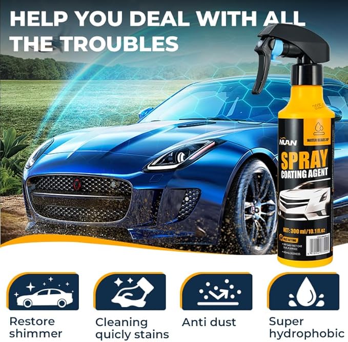NUAN Nano Hydrophobic Ceramic Coating, 300ml Car Coating Spray Kit, Easy-to-Spray Auto Paint Protection, Includes Microfiber Cloth for Vehicle Shine & Protection