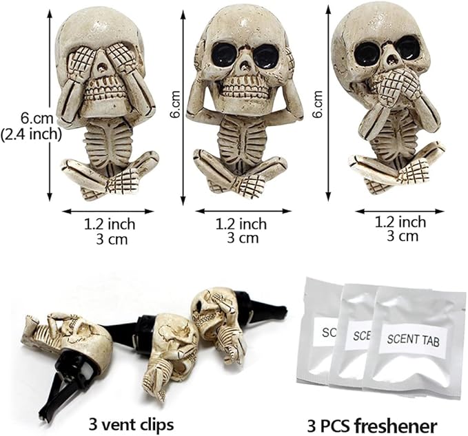 Car Air Freshener Vent Clip Men Women Car Interior Accessories 3 Pack Cute Skull Car Air Conditioner Vent Decoration, for Automotive Home Room Bathroom Christmas Halloween Gifts