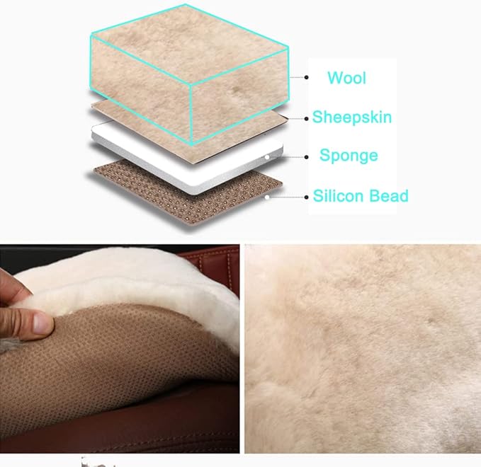 OGLAND Fluffy Genuine Sheepskin Car Seat Cover for Auto Fuzzy Interior Accessories Cushion with Soft Wool Natural Fur Non-Slip (Pearl, Front20*20Inch)