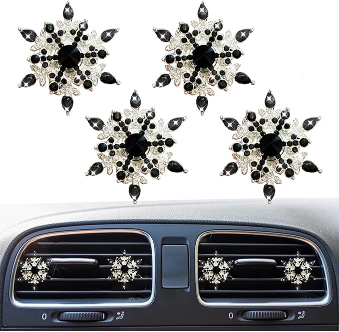 Bling 4Pcs Snowflake Air Vent Clips Car Air Freshener Outlet Clips Bling Rotatable Snowflake Car Vent Decorations Stress Relief Auto Accessories Toy Refillable (Black)