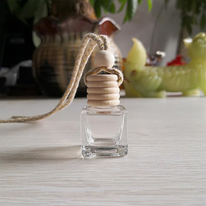 5PCS Hanging Car Air Freshener, 8 ml Oil Diffuser Perfume Aromatherapy Pendant Empty Glass Bottle, Fragrance Ornament with Vent Clip Wooden Cap and Rope, Auto Interior Decoration (Square)