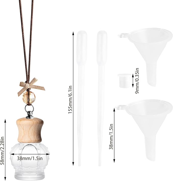 6 Pack Leak-Proof Hanging Car Diffuser - 8ml Refillable Empty Bottles with Wood Caps, 3 Funnels & 2 Droppers - Essential Oil Air Freshener for Car, Home or Office (6, Crown)