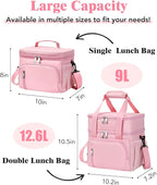 Insulated Lunch Bag for Women, Double Leakproof Lunch Box Soft Cooler Tote with 5 Pockets, 600D Oxford, EVA Lining, Adjustable Strap for Work, Picnic, Beach&Travel-Pink
