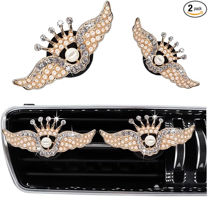 Bling Crown Wings Car Air Freshener Vent Clips,2pcs Gold Glitter Wings Car Accessories for Women Car Air Fresheners Car Charm