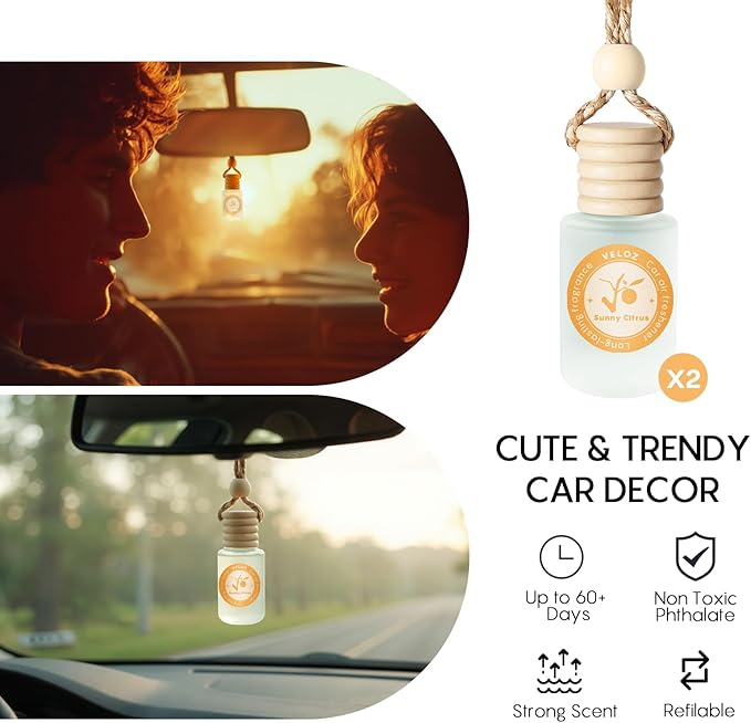 Natural Car Air Freshener Hanging 2 Pack-Sunny Citrus Scent Toxin-Free Essential Oil Car Diffuser without Methyl Carbitol&Hexylene Glycol