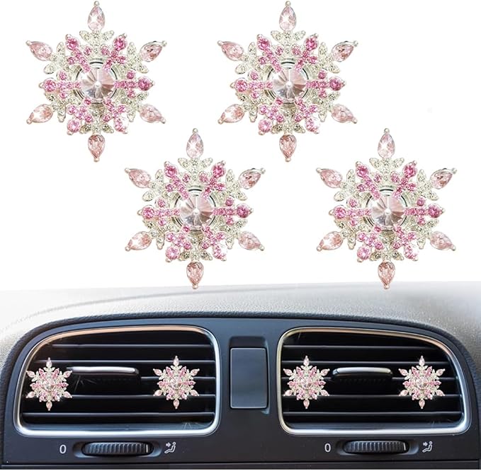 Bling 4Pcs Snowflake Air Vent Clips Car Air Freshener Outlet Clips Bling Rotatable Snowflake Car Vent Decorations Stress Relief Auto Accessories Toy Refillable (Pink)