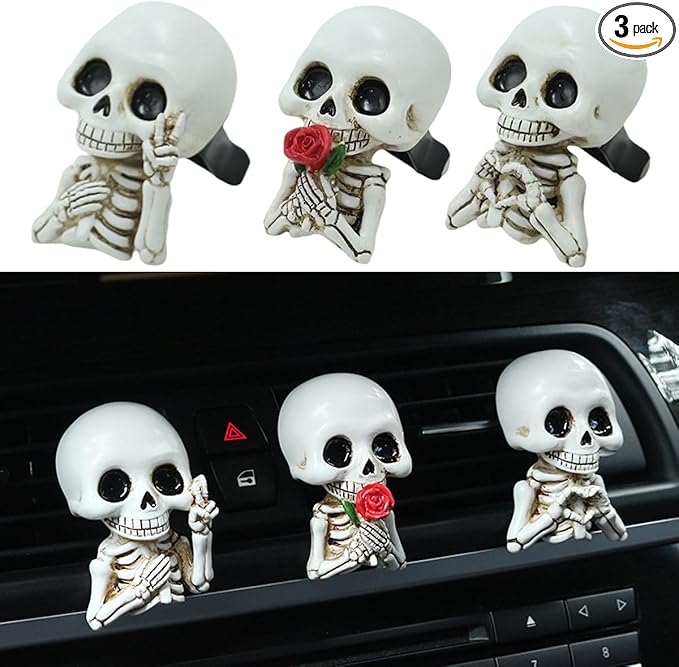 Set of 3 Halloween Skull Decor Cute Car Air Freshener Vent Clips, Resin Skeleton Holding Rose Car Diffuser Romantic Dashboard Decorations Auto Interior Accessories for Men Women