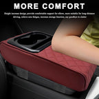 Car Center Console Armrest Pillow, 14"×8.3" Waterproof Leather Armrest Box Cover with Cup and Phone Holder, Soft Memory Foam Arm Rest Console Pad Protector for SUV Truck (Wine Red, Embroidery)