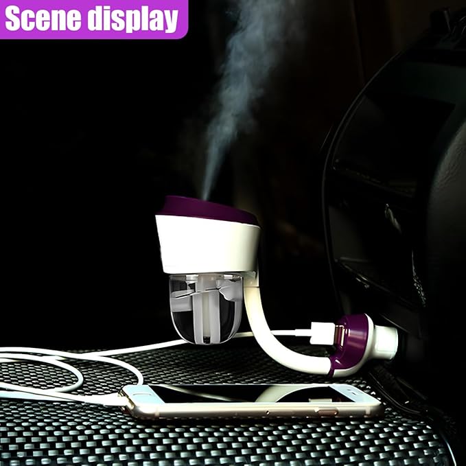 Car Humidifier, Portable Mini Aromatherapy Essential Oil Diffuser, 360-Degree Rotation Cool Mist Humidifier, Vehicle Air Freshener Diffuser with 12V Charging Port for Home Office (Purple)